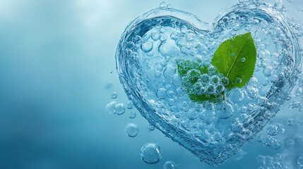 Concept of an eco-friendly lifestyle a heart made from water with bubbles and a green leaf inside
