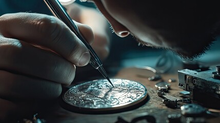 Close-up of a jeweler engraving a custom design onto a silver pendant, using a specialized engraving tool for detail work