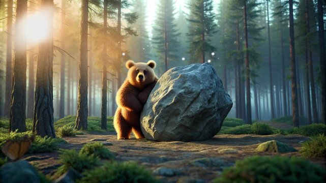 bear standing on the edge of a large rock in the middle of the forest