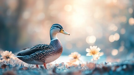 Mallard Duck in a Field of Daisies at Sunset