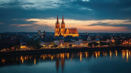 Obraz premium Mainz Cathedral at twilight, with the illuminated spires contrasting against the darkening sky, and the city lights beginning to twinkle below.