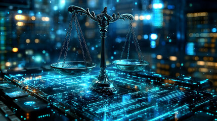 A digital scale of justice on a circuit board, symbolizing technology and law.