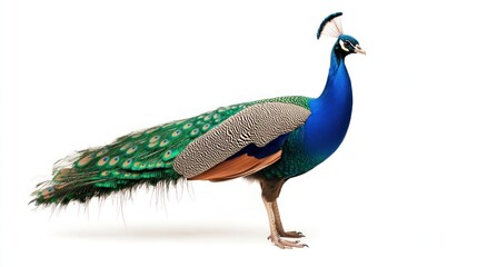Naklejka premium Peacock with Folded Tail Feathers on White Background