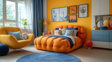 A modern bedroom with bright yellow walls, an orange bed, and a blue armchair. The room features a blue round rug and a gallery wall of artwork.