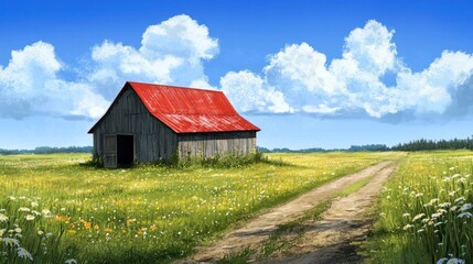 Obraz premium Red Roofed Barn in a Field of Flowers