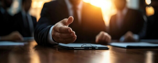 A confident business hand gesturing during a meeting, symbolizing communication and collaboration in a corporate setting.