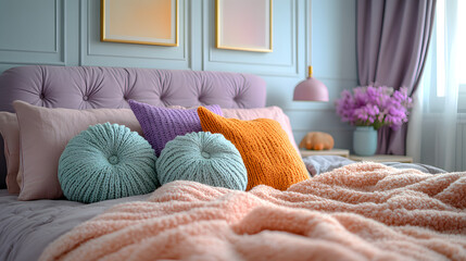 A plush bed with colorful pillows and a blanket in a modern bedroom.
