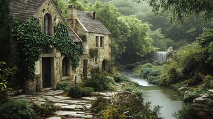Obraz premium Stone Cottage by the Stream