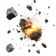 Exploding Meteor Rock Fragment with Fiery Explosion Isolated on White Background, Outer Space Collision, Sci-Fi Concept, Dynamic Action