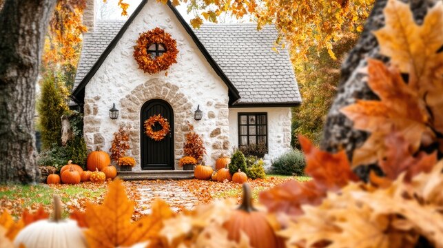 A white house with black trim features festive fall decorations, including pumpkins and a wreath, making it perfect for autumn family gatherings in a cozy neighborhood