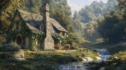 Stone Cottage by a Stream in a Lush Forest