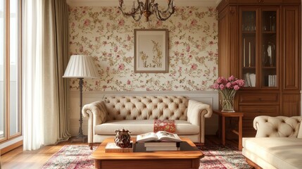 Elegant Living Room Interior Design with Floral Wallpaper and Classic Furniture