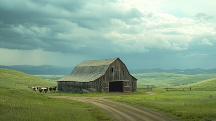 Rustic Barn in a Rolling Green Landscape