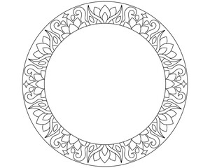 Round frame with stars and plants - vector linear drawing for coloring in a magical, elven style. Outline. Frame for creating ornaments, template for creativity.