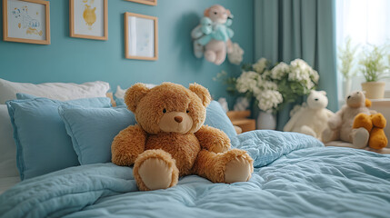 A plush teddy bear sits on a blue bedspread in a cozy nursery with blue walls and stuffed animals.