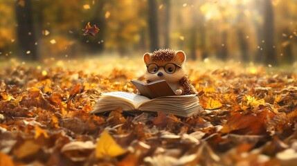 A cute hedgehog with glasses sits in an autumn forest, reading an open book surrounded by colorful fallen leaves and gentle sunlight streaming through trees