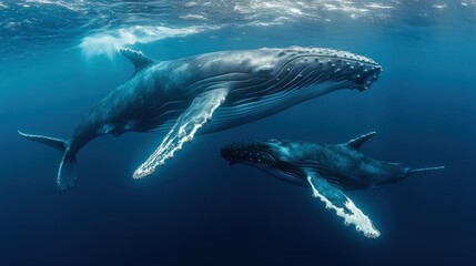 Fototapeta premium Humpback Whales Swimming in the Blue