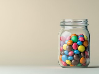 A glass jar filled with colorful candy sits on a white surface against a beige background.