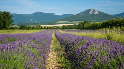Fototapeta premium A path leads to a lavender-filled field before majestic mountain ranges