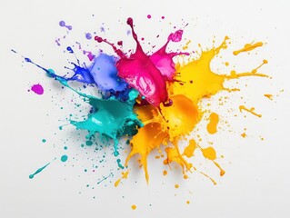Naklejka premium Bold ink splatters in vibrant colors against a white background, creating an artistic, energetic abstract scene perfect for eyecatching visual content
