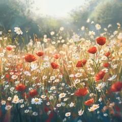 Obraz premium Bright spring meadow filled with wildflowers, from daisies to poppies, under soft, golden sunlight