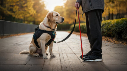 A guide dog for the blind. A happy Labrador sitting there patiently with its owner.