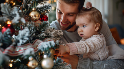 Young parents having fun decorating Christmas tree with their cute little baby girl, placing ornaments and decorating home for winter holiday season
