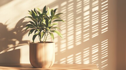 A vibrant green plant sits in a stylish pot, casting beautiful shadows on a wooden surface, creating a serene home atmosphere.