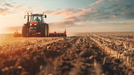 Fototapeta premium Autonomous Tractor Plowing Field at Sunset Smart Farming Technology Concept