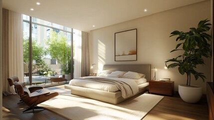 Modern Bedroom with Large Windows and Garden View