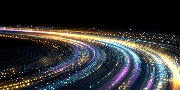 Abstract composition featuring concentric curving bands of colorful lines and dots on a black deep space background - Powered by Adobe