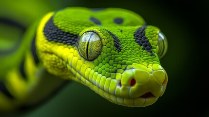 Fototapeta premium A tight shot of a green snake's head, adorned with black and yellow stripes down its body, and circumscribed by vibrant, ringed eyes