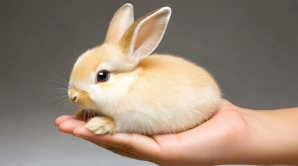 Fototapeta premium A miniature bunny sits gently on a fingertip, its soft fur and expressive eyes captivating all. The scene highlights the delicate bond between human and pet