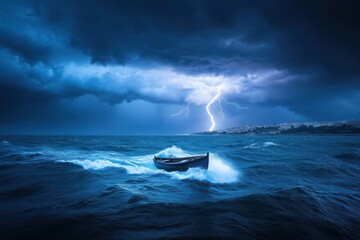 Tempest's Fury: A lone fishing vessel braves the wrath of a stormy sea, lightning illuminating the turbulent waters and a distant cityscape. 