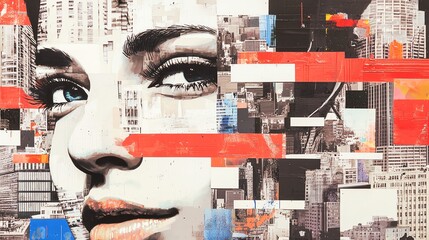 An artistic portrait featuring a woman's face merged with abstract city imagery and vibrant colors for a modern art touch.