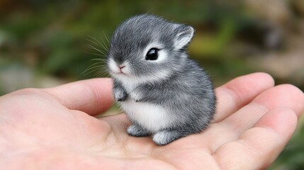 A miniature bunny sits gently on a fingertip, its soft fur and expressive eyes captivating all. The scene highlights the delicate bond between human and pet