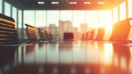 Modern conference room bathed in warm sunlight, featuring a sleek table and chairs, perfect for business meetings or presentations.
