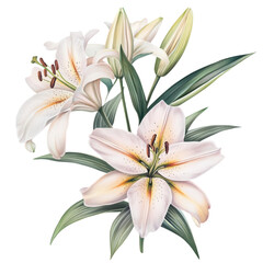 Fototapeta premium elegant watercolor lilies, vintage floral clipart, soft colors, hd quality, isolated on white