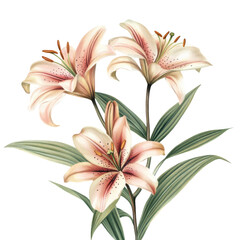 Fototapeta premium elegant watercolor lilies, vintage floral clipart, soft colors, hd quality, isolated on white