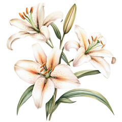 Fototapeta premium elegant watercolor lilies, vintage floral clipart, soft colors, hd quality, isolated on white