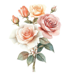 Naklejka premium romantic vintage bouquet, watercolor roses, pastel tones, hd resolution, white background