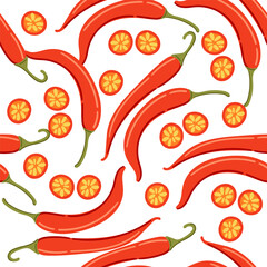 Seamless pattern of whole and slice of red chili pepper. Repeatable wallpaper. Spicy red vegetable, hot peppers. Vector illustration on white background