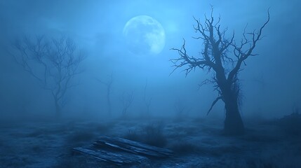 Full moon casting a soft, eerie glow over a foggy night sky, with twisted, barren trees silhouetted against the moonlight and a weathered wooden surface in the foreground