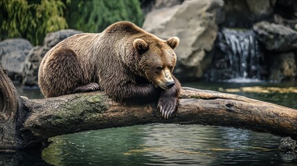  A brown bear atop a tree branch overlooks a body of water with a waterfall behind it