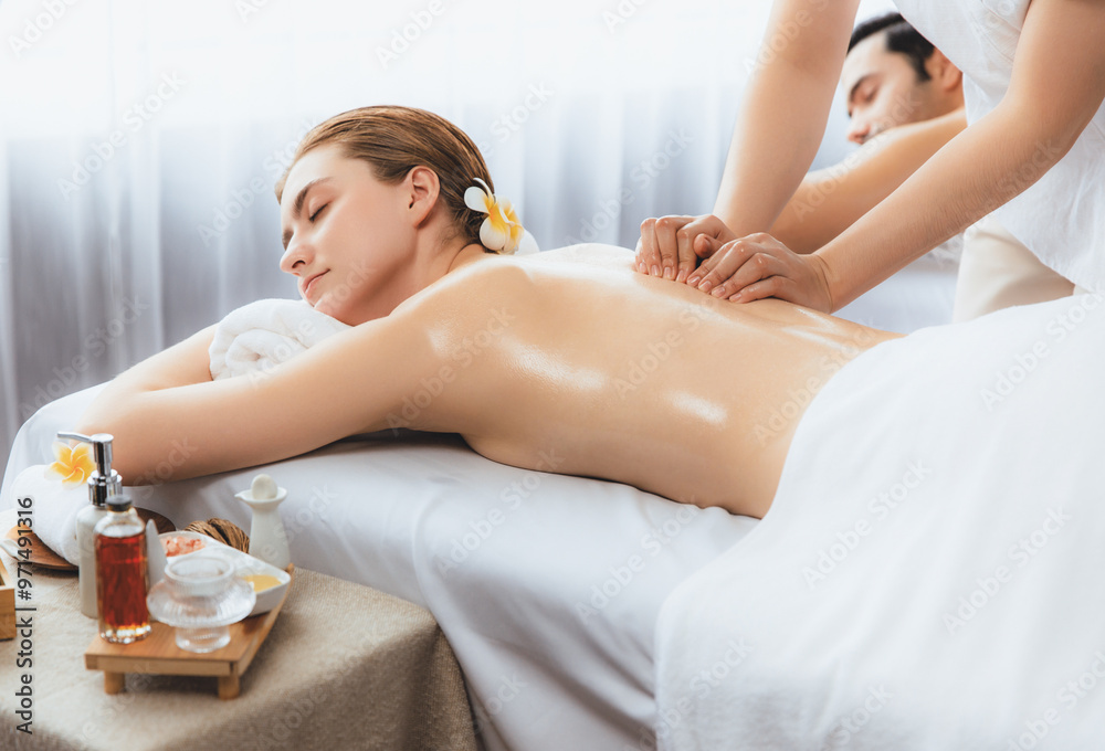 Poster caucasian couple customer enjoying relaxing anti-stress spa massage and pampering with beauty skin r