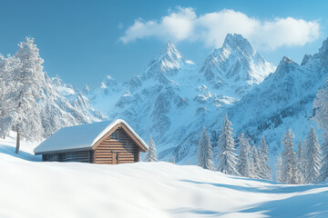 Fototapeta premium Charming wooden cabin sits nestled in a snowy mountain landscape, blanketed in fresh powder and surrounded by snow-covered trees