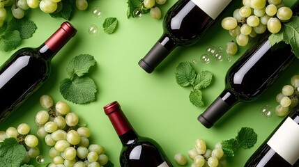 A stylish arrangement features five black wine bottles among clusters of fresh grapes and bubbles, set against a lively green backdrop, showcasing a delightful beverage display