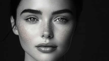 Fototapeta premium Close-up portrait of a woman with freckles and dark eyebrows, looking directly at the camera