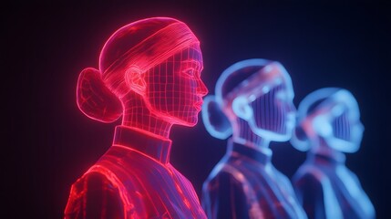 Naklejka premium Neon Wireframe Human Silhouette Abstract Digital Art