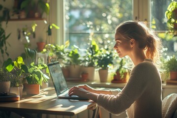 a woman who is working at her desk in her home office. she is working on her laptop and seems at peace. 